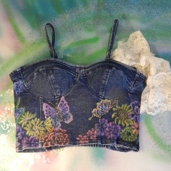 HAND CRAFTED floral denim bustier OOAK custom hand painted jean camisole top - Picture 15 of 16